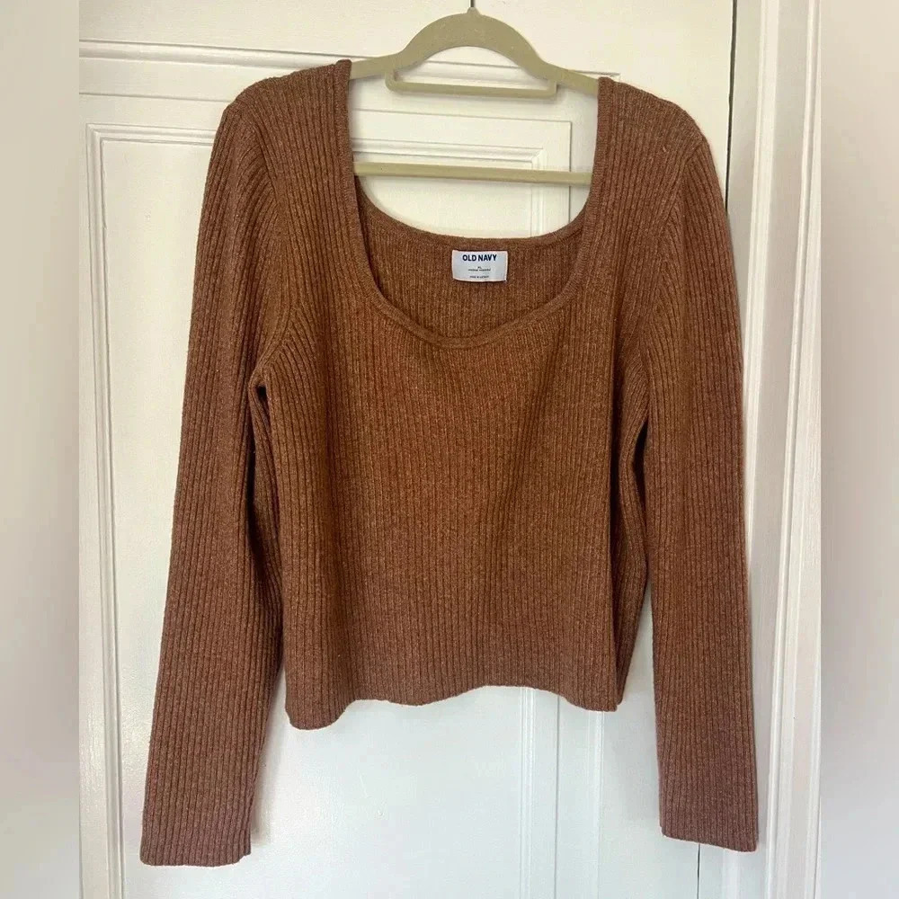 Old Navy Ribbed Knit Sweater | Square Neckline | Brown Long Sleeve Top | Size XL